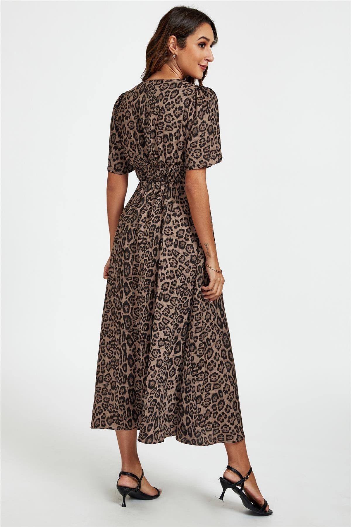 Leopard Print V Neck Midi Dress In Brown