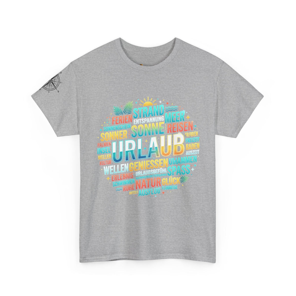 Strandurlaub T-Shirt – Retro Sonnenuntergang mit Palmen & ‚Urlaub‘ Wortwolke