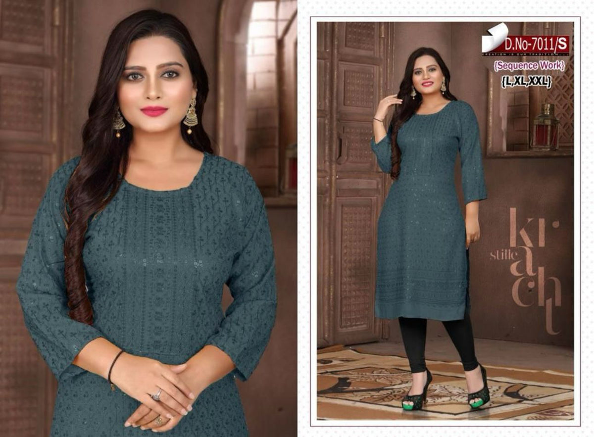 Straight Kurta Embroidered with Sequence Chikankari Dark Grey