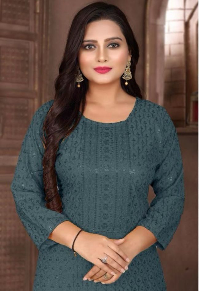 Straight Kurta Embroidered with Sequence Chikankari Dark Grey