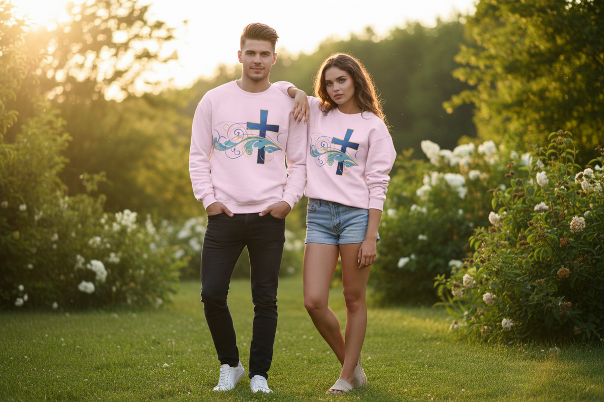 ESTID Unisex Crewneck Pullover | Blaues Kreuz & Wellen-Ornament