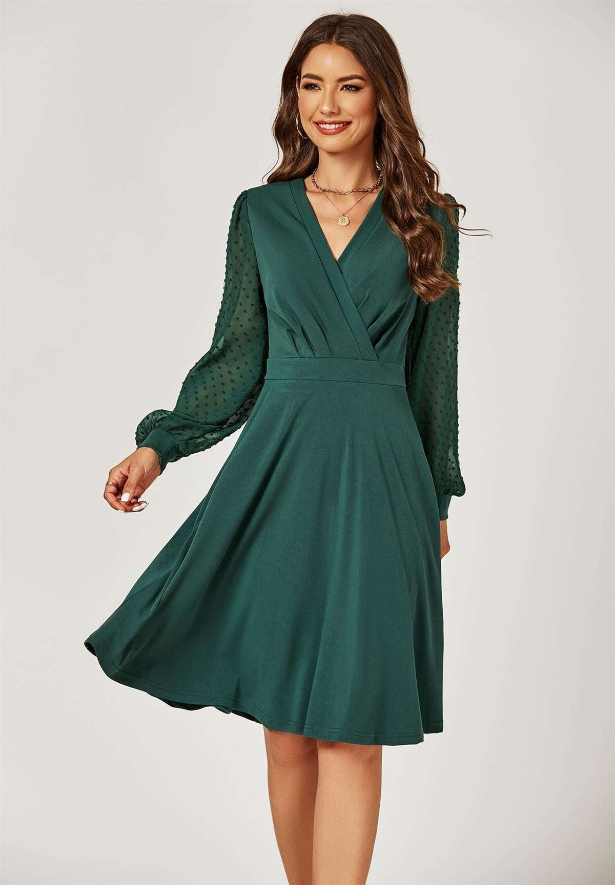 Long Chiffon Sleeve Pleated Midi Dress In Dark Green