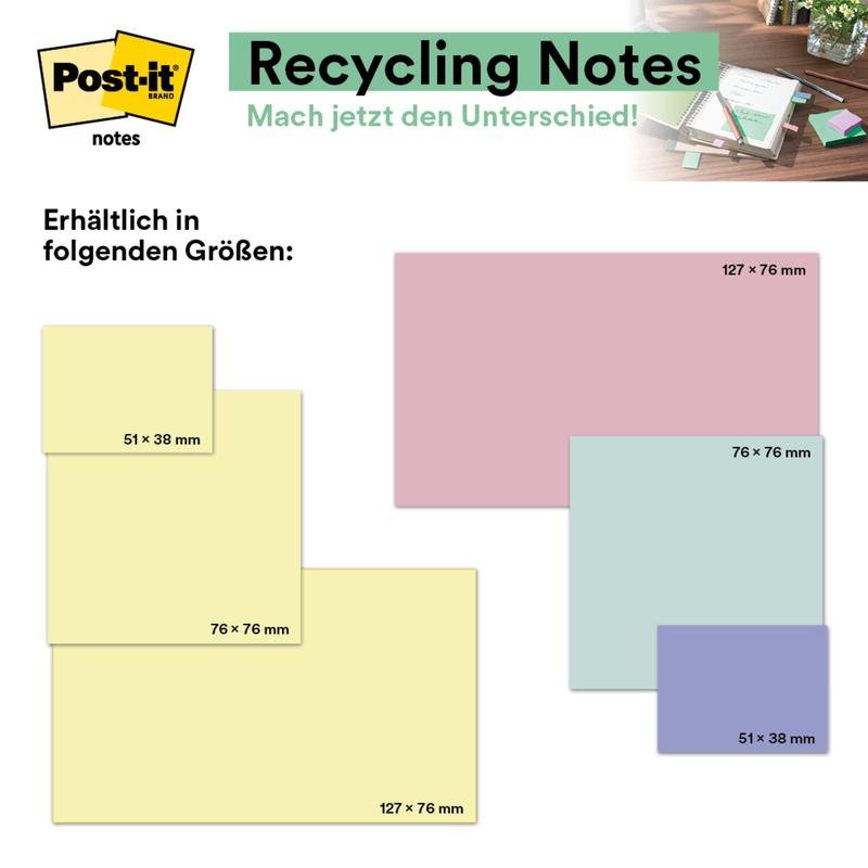 Post-it® Recycling Notes, 38 mm x 51 mm, 100 Blatt/Block, 100% PEFC
