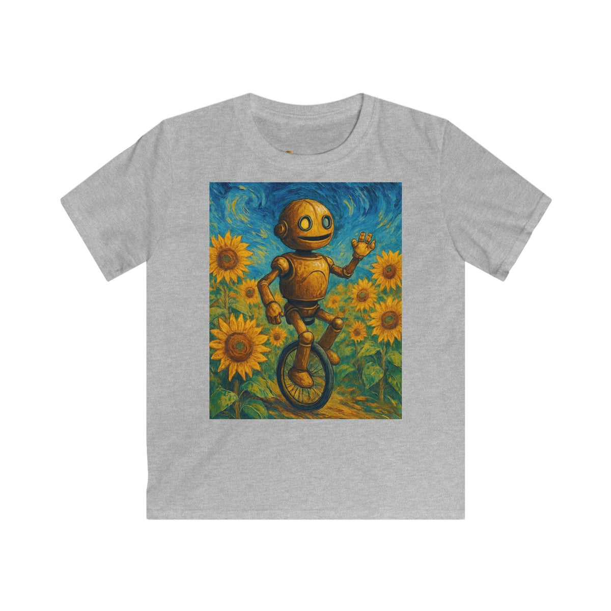 Kinder-T-Shirt – Sonnige Sonnenblumen-Roboter auf Einrad