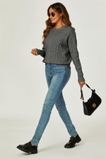 Cable Knit Crew Neck Jumper In Dark Grey