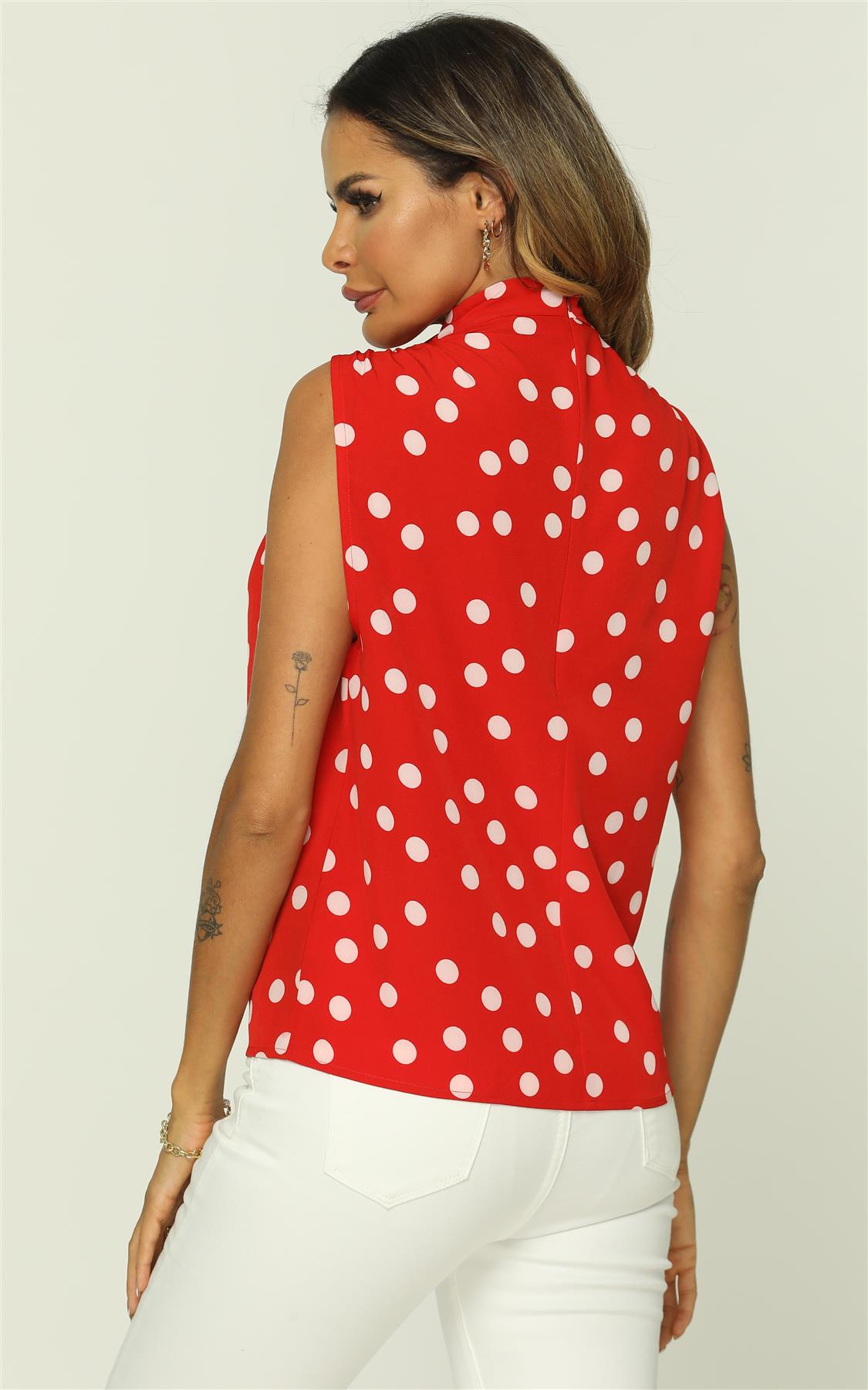 Polka Dot High Neck Sleeveless Blouse In Red