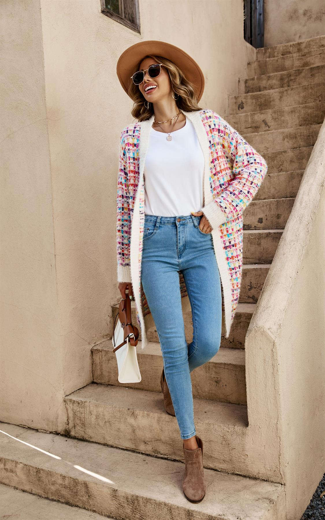 Cream Boucle Check Cardigan In Rainbow Multicolour Speckles