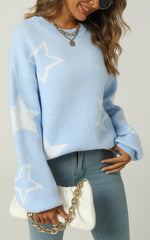 Relaxed Soft Comfy White Star Pattern Jumper Top In Blue