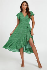 Little Floral Frill Sleeve Midi Wrap Dress In Green
