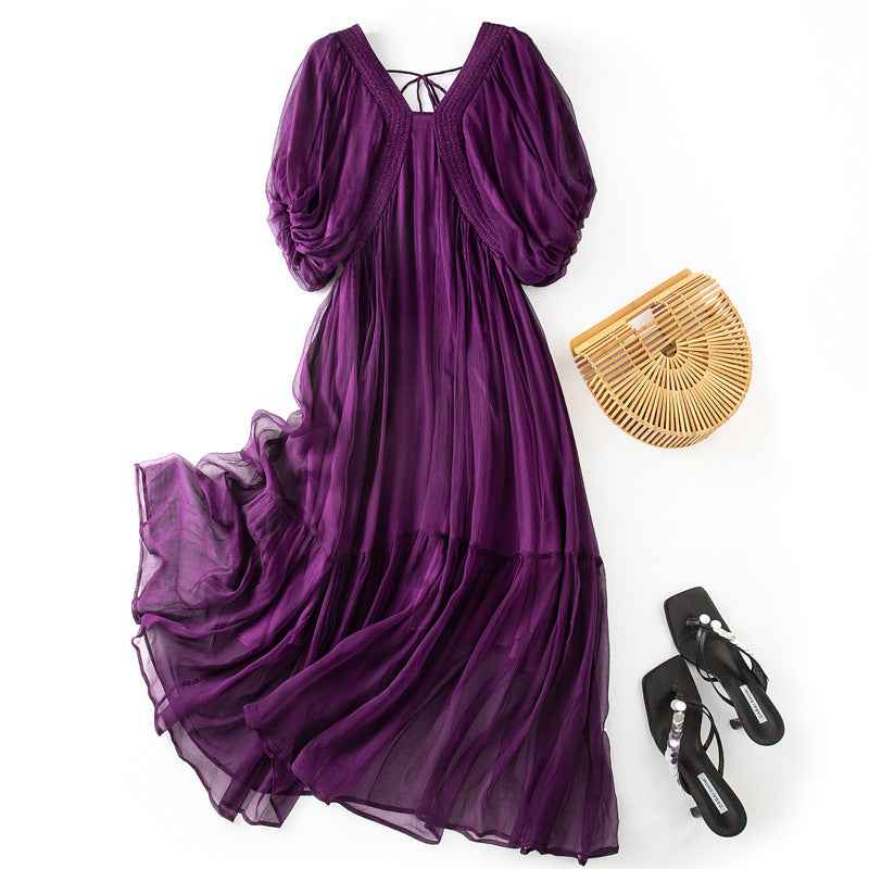 Damen Seidenkleid mit Puffärmeln | Luftsüßes Boho Maxikleid