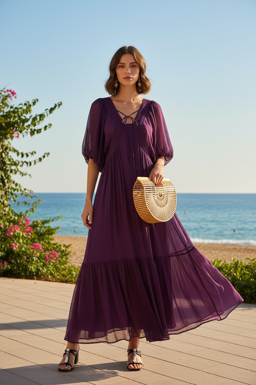 Damen Seidenkleid mit Puffärmeln | Luftsüßes Boho Maxikleid