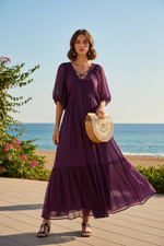 Damen Seidenkleid mit Puffärmeln | Luftsüßes Boho Maxikleid