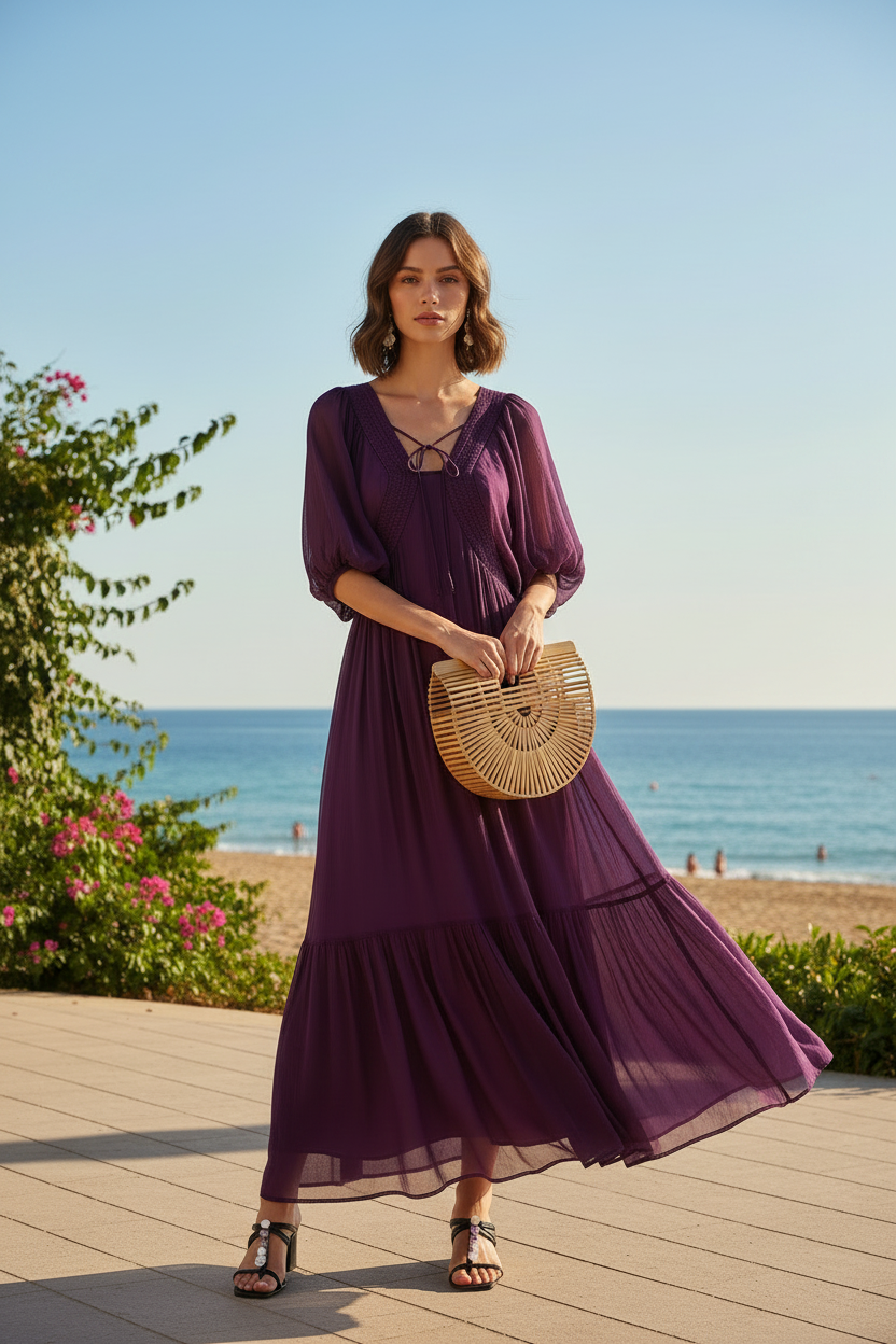 Damen Seidenkleid mit Puffärmeln | Luftsüßes Boho Maxikleid