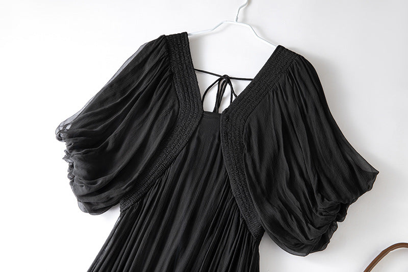 Damen Seidenkleid mit Puffärmeln | Luftsüßes Boho Maxikleid