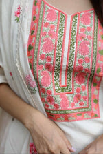 Off White & Pink Cotton Floral Thread Work Kurta with Palazzos & Dupatta