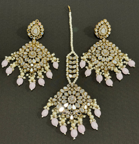 Mirror Kundan Earrings With Maang Tikka
