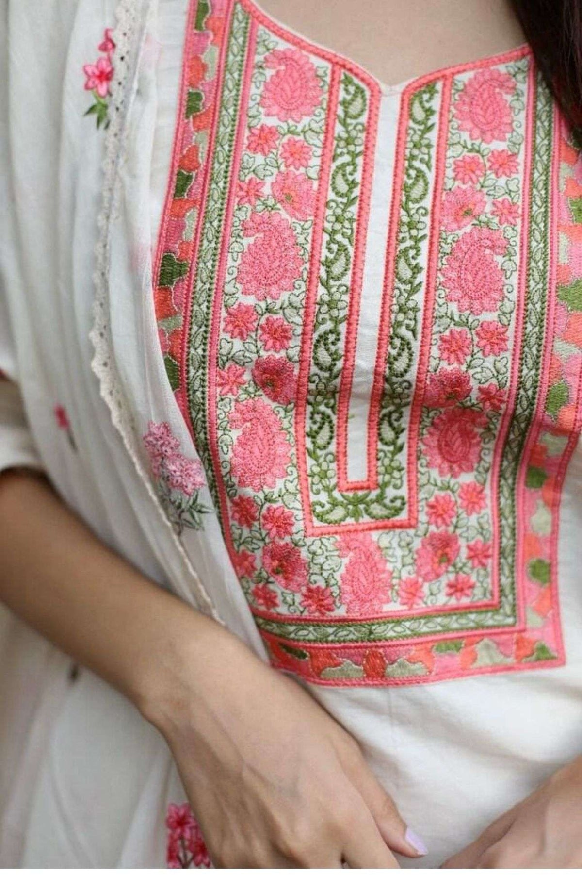 Off White & Pink Cotton Floral Thread Work Kurta with Palazzos & Dupatta