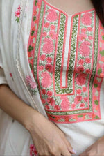 Off White & Pink Cotton Floral Thread Work Kurta with Palazzos & Dupatta