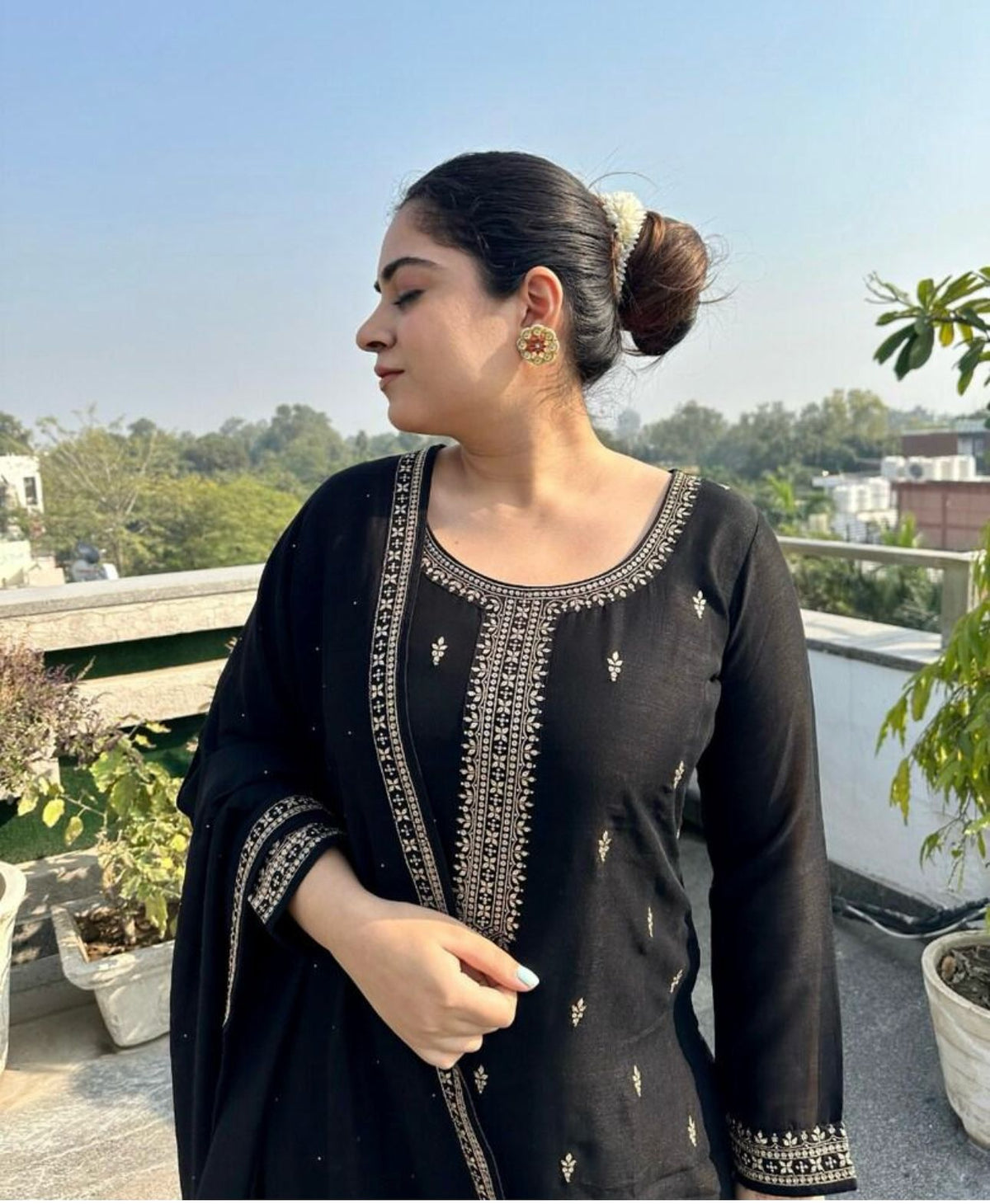 Kurta With Palazzos & Dupatta with Floral Embroidery