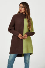 High Neck Half Brown & Green Block Colour Jumper Top