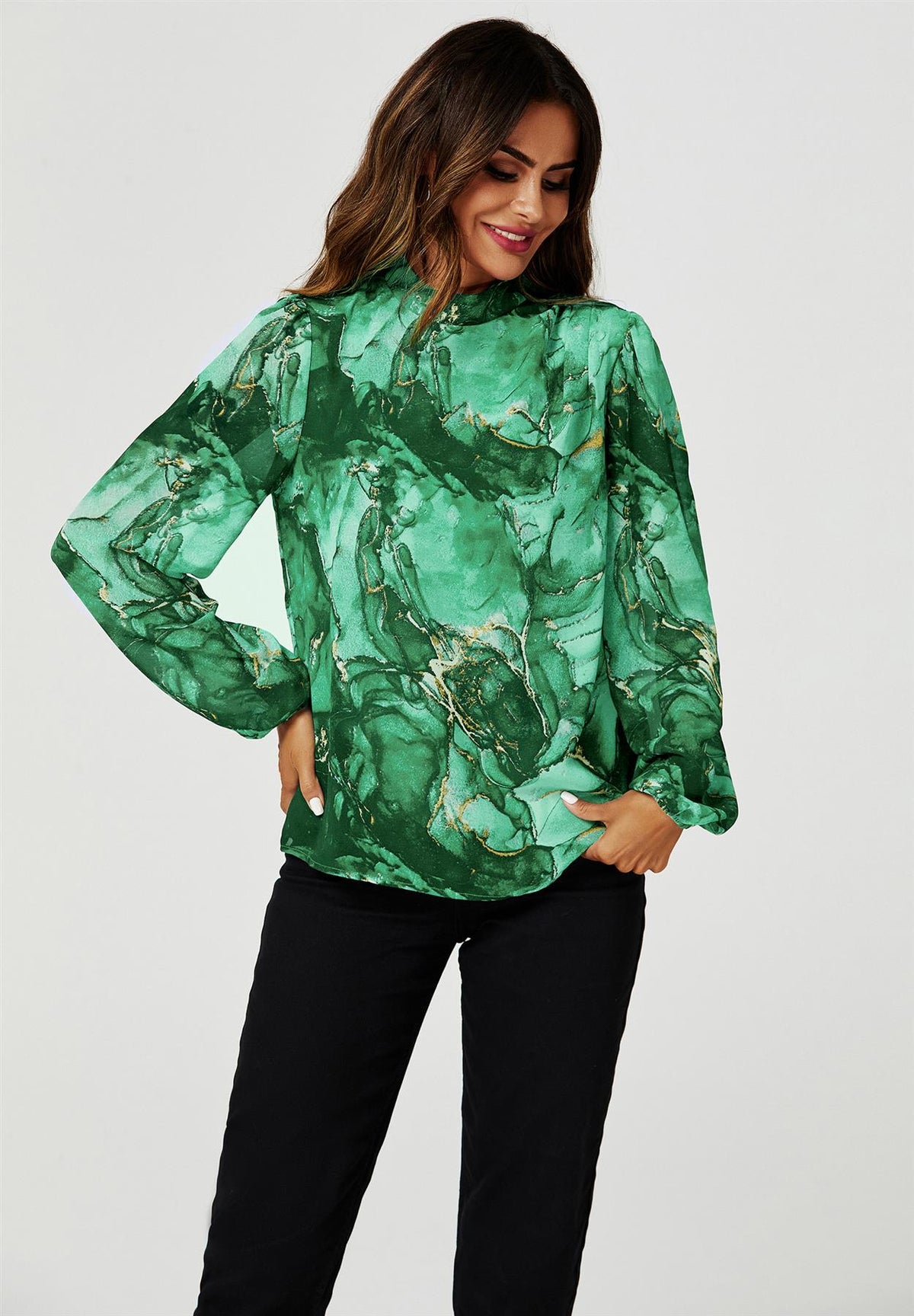 Marble Print Long Sleeve High Neck Top In Light Green