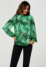 Marble Print Long Sleeve High Neck Top In Light Green