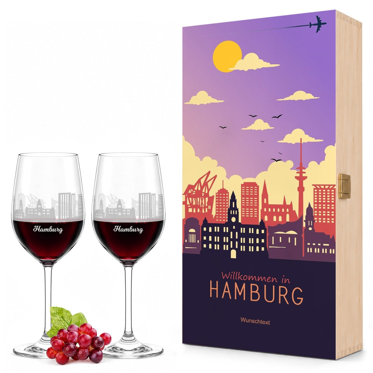 Stölzle Lausitz Weingläser mit Skyline Hamburg Gravur als Set inkl. bedruckter Holzkiste