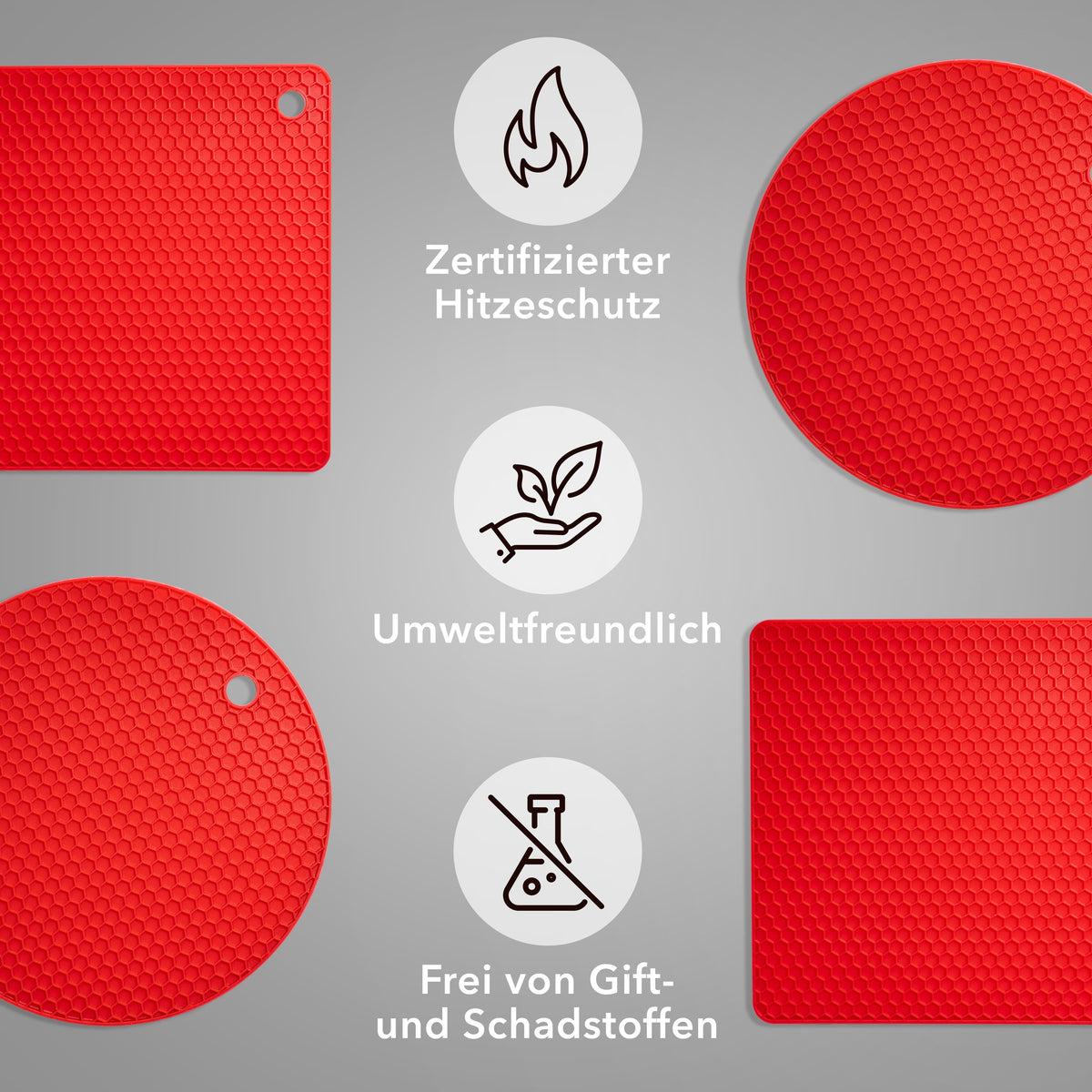 Untersetzer aus Silikon Topfuntersetzer Pfannenuntersetzer Topflappen rund & eckig Rot - 4er Set