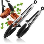 Koch- und Grillzange mit integriertem Standfuß aus Edelstahl & Silikon - 2er Set Schwarz