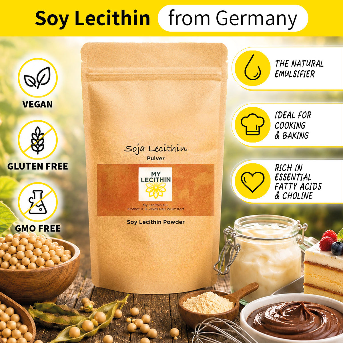 Soja-Lecithin Pulver | Reinlecithin | produziert in Deutschland | gentechnikfrei | vegan
