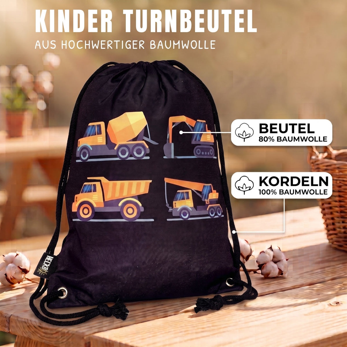 Kinder Turnbeutel Baufahrzeuge 4 schwarz