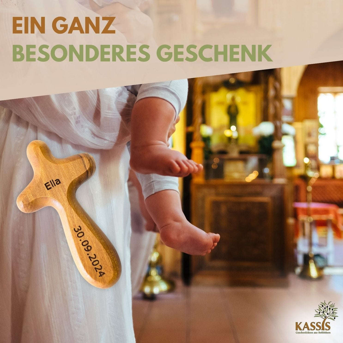 Personalisierter Kreuz Handschmeichler aus Olivenholz mit Gravur | Kleines Handkreuz als Geschenk zur Taufe & Kommunion Namma Markt