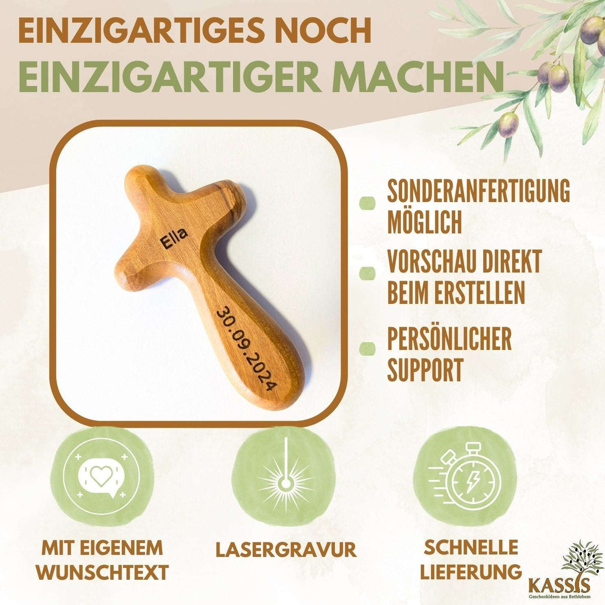 Personalisierter Kreuz Handschmeichler aus Olivenholz mit Gravur | Kleines Handkreuz als Geschenk zur Taufe & Kommunion Namma Markt