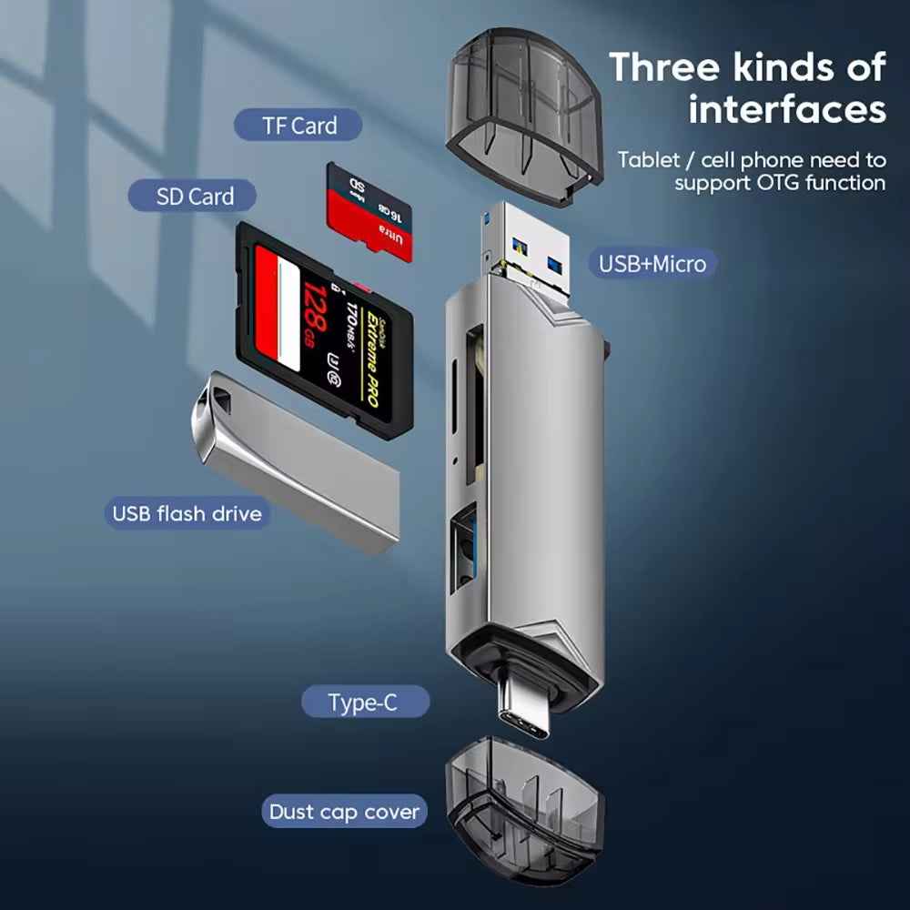 DREIKS 6-in-1 Kartenleser USB 3.0 Speicherkartenleser Typ-C Micro USB SD TF OTG Grau