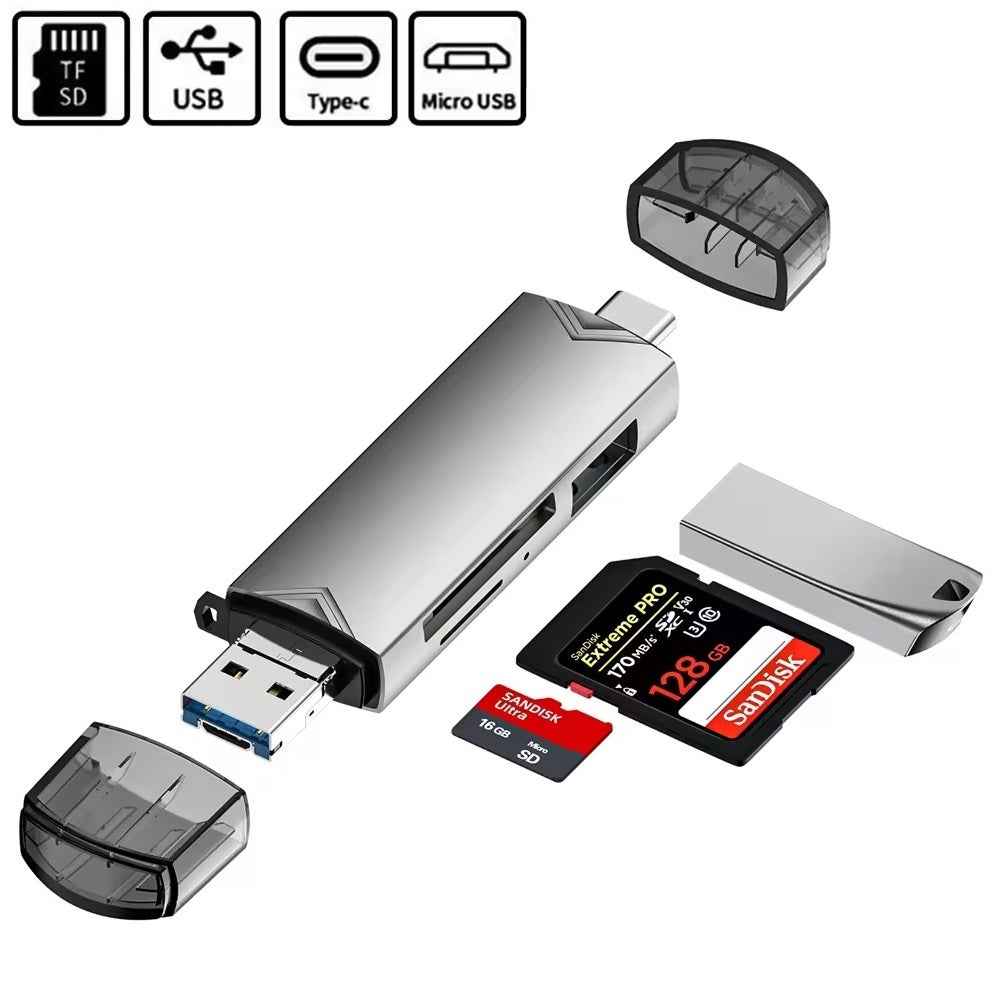 DREIKS 6-in-1 Kartenleser USB 3.0 Speicherkartenleser Typ-C Micro USB SD TF OTG Grau