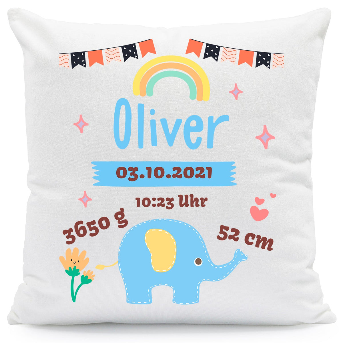 Bedrucktes Kissen mit Babydaten und Elefant