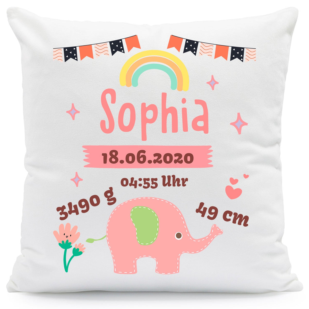 Bedrucktes Kissen mit Babydaten und Elefant
