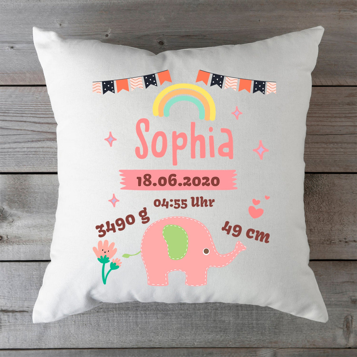 Bedrucktes Kissen mit Babydaten und Elefant
