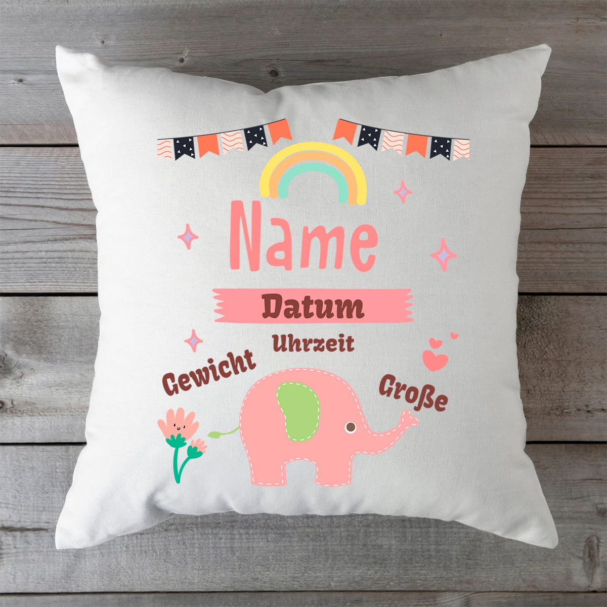 Bedrucktes Kissen mit Babydaten und Elefant