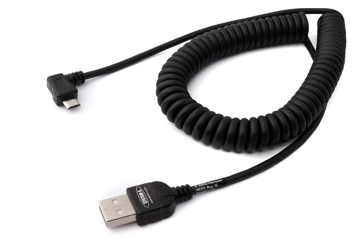 USB 2.0 Kabel 200 cm Typ A Stecker zu Micro B Stecker Spirale Winkel in Schwarz | System-S