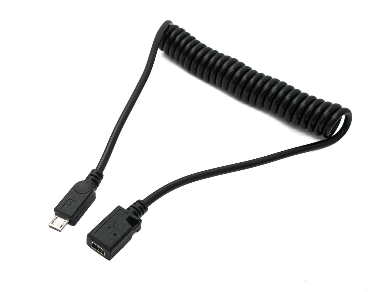 USB 2.0 Kabel 120 cm Micro B Stecker zu Mini B Buchse Spirale in Schwarz | System-S
