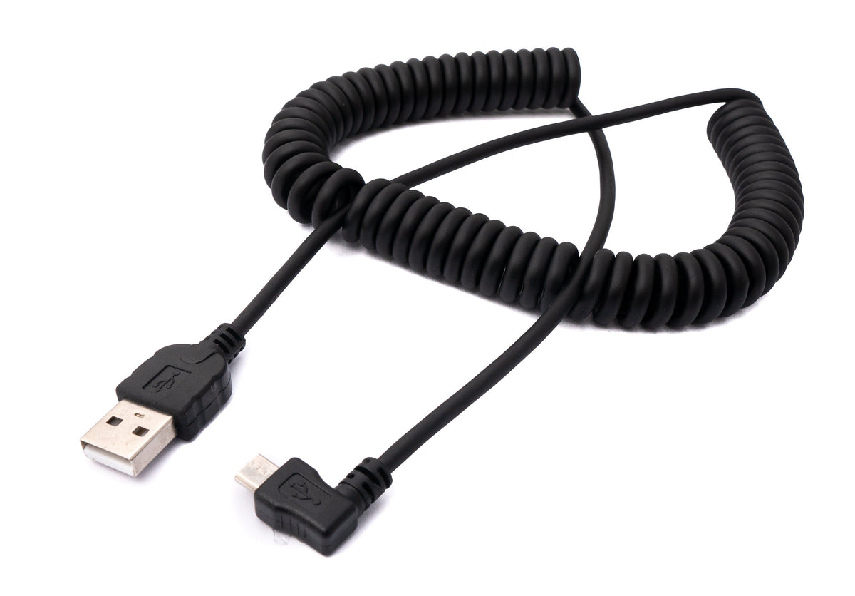 USB 2.0 Kabel 200 cm Typ A Stecker zu Micro B Stecker Spirale Winkel in Schwarz | System-S