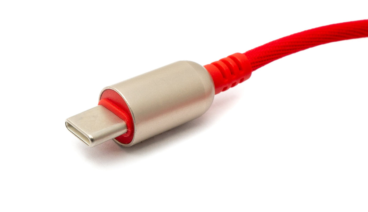 USB 3.1 Kabel 100cm Typ C Stecker zu 3.0 Typ A Stecker geflochten Winkel in Rot | System-S