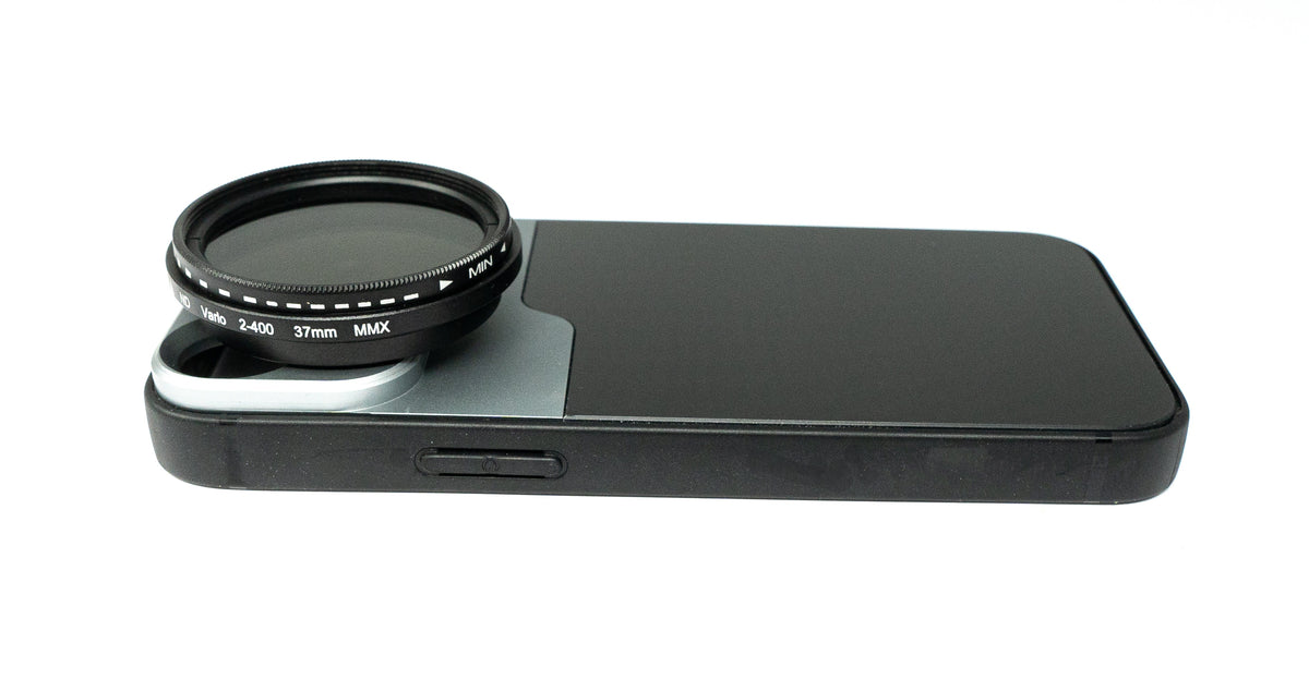 ND Vario Filter 37 mm 2 bis 4000 Neutraldichte mit Hülle für iPhone 13 Mini | System-S
