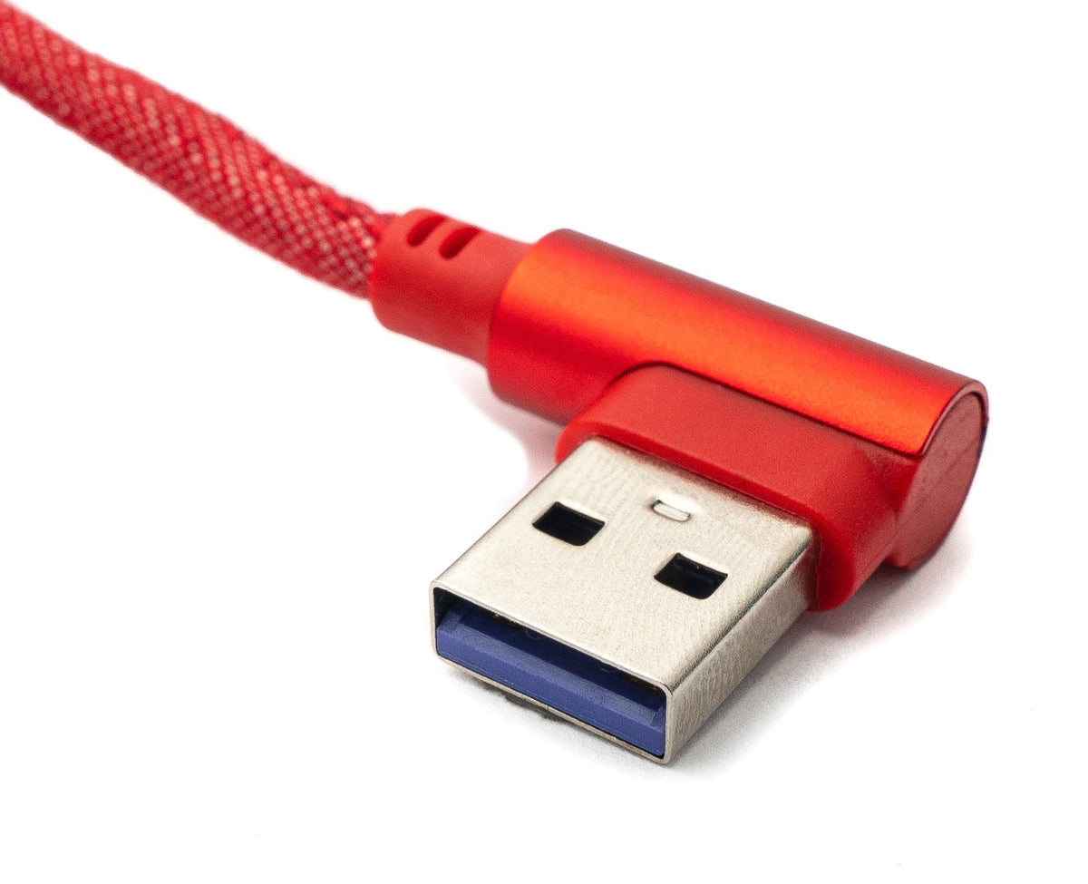 USB 3.1 Kabel 2 m Typ C Stecker zu 3.0 Typ A Stecker geflochten Winkel in Rot | System-S