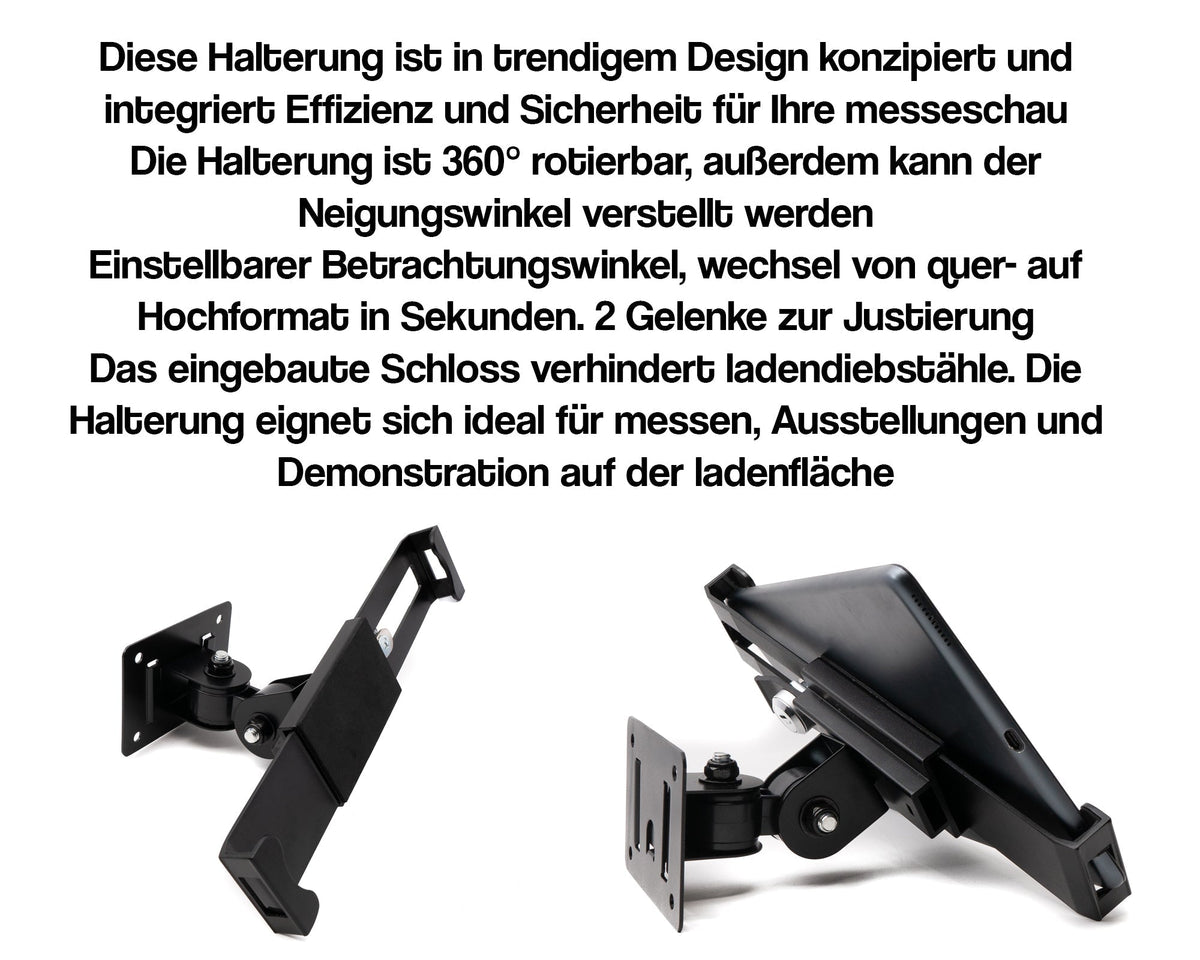 Abschließbare Wandhalterung für Tablets von 9 bis 13 Zoll in Schwarz | System-S