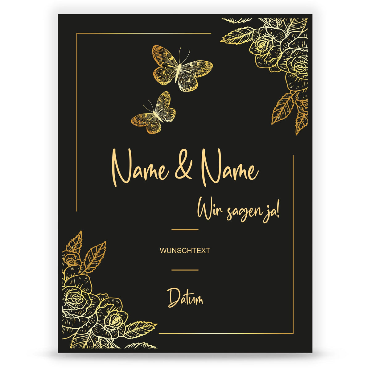 Hochzeitseinladungskarte im Black & Golden Butterflies Design