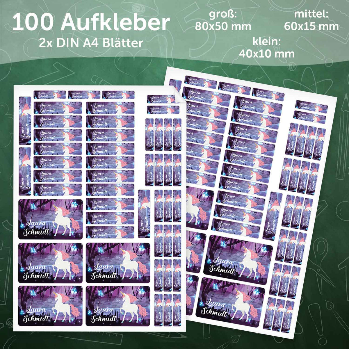Schuletiketten mit Namen - Magischer Wald Design - 100 Aufkleber in verschiedenen Größen