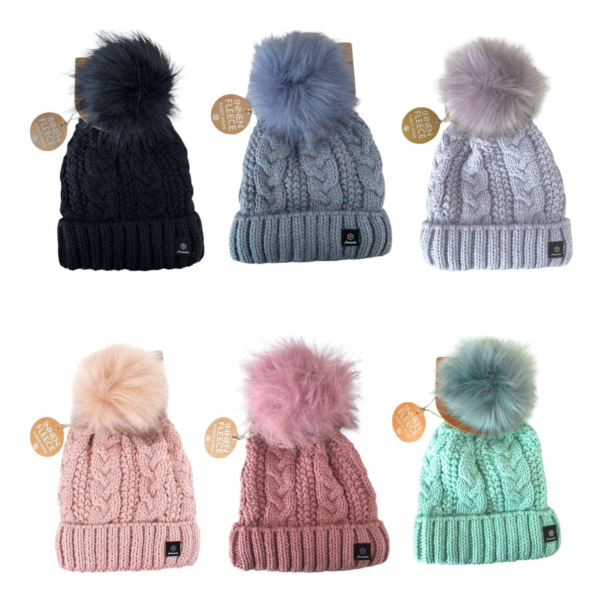 Strickmütze für Damen » gefütterte Wintermütze mit Fleece » Bommelmütze » Damenmütze mit Zopfmuster