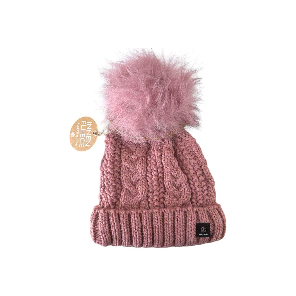 Strickmütze für Damen » gefütterte Wintermütze mit Fleece » Bommelmütze » Damenmütze mit Zopfmuster